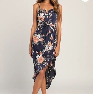 Lulus My Favorite Day Navy Blue Floral Print Tulip Skirt Midi Dress